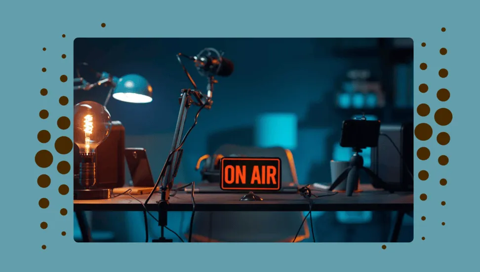 A dimly lit podcast studio setup featuring a retro-style glowing light bulb, a professional microphone on a stand, and an illuminated "ON AIR" sign on a desk. The background is softly blurred, highlighting bookshelves and subtle blue lighting that creates a cozy atmosphere.